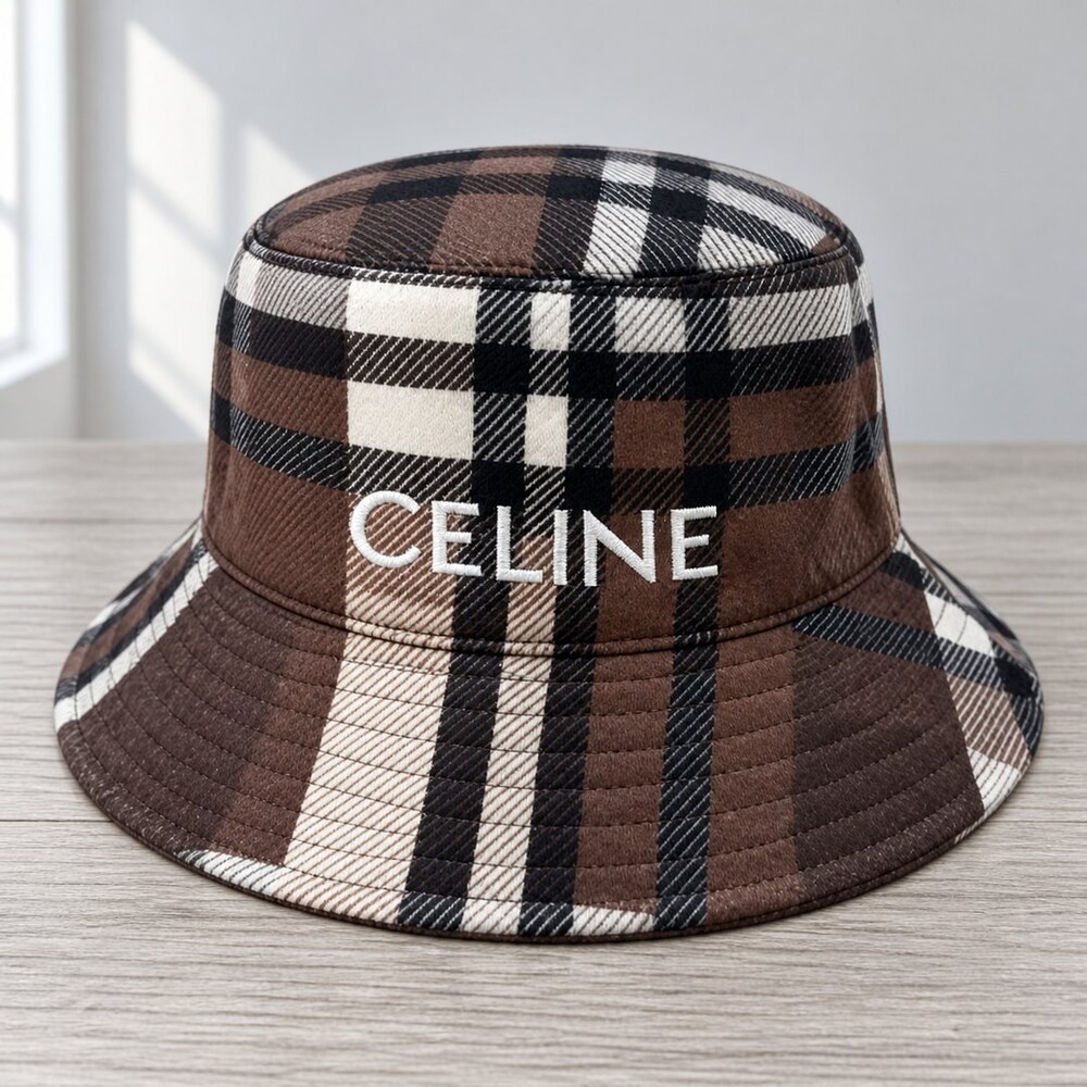 CELINE Brown Check Plaid Bucket Hat